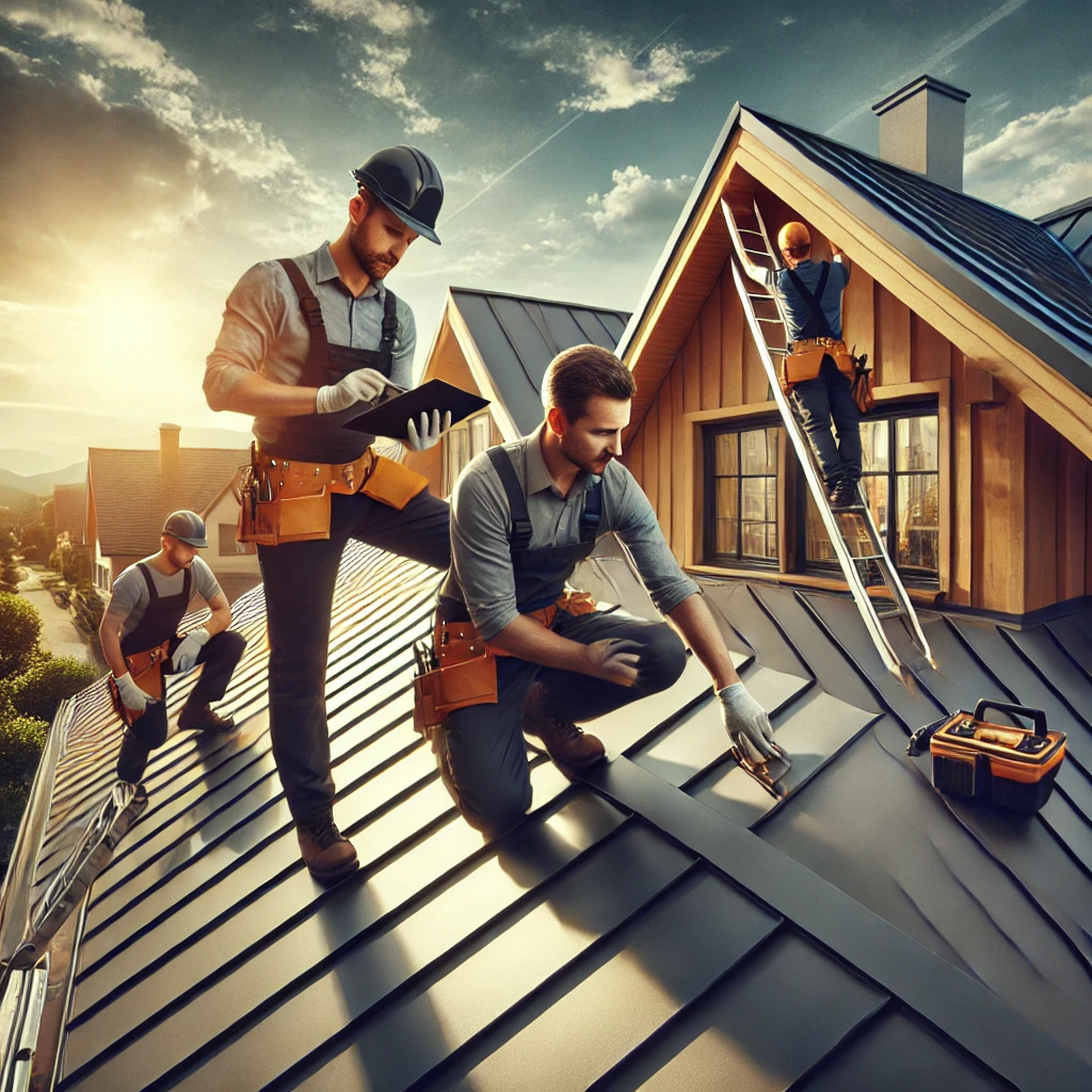 A professional roofing team installing a custom-designed metal roof on a suburban home, emphasizing precision and modern aesthetics. The scene highlights teamwork and advanced tools under clear skies.