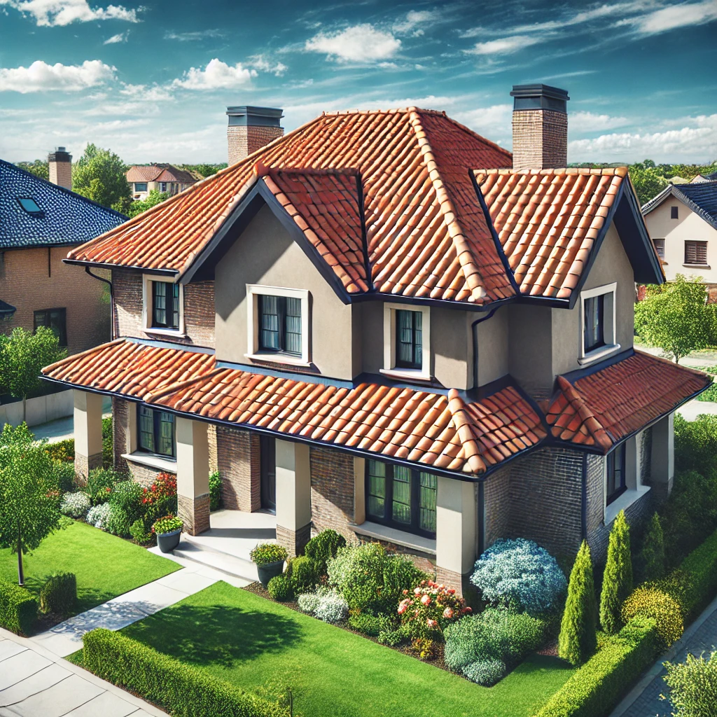 A beautiful suburban home with a newly installed tile roof, showcasing the timeless appeal of clay and slate tiles. The roof is neatly finished, and the house is surrounded by a well-maintained garden under a bright blue sky.<br />
