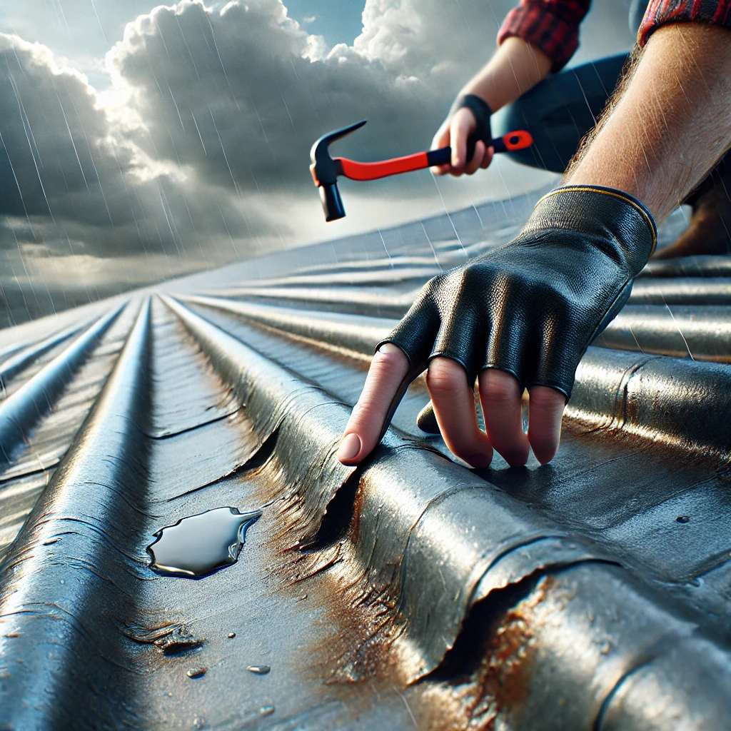 A close-up of a metal roof with visible signs of wear, such as rust and small dents caused by storm damage, highlighting the need for professional repair services. The scene is set under cloudy skies.