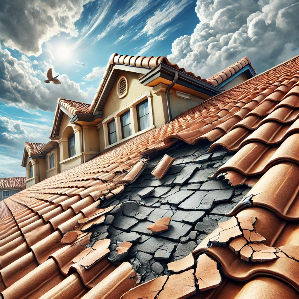 A detailed close-up of a tile roof showing visible damage such as cracked and missing tiles, with a background of a suburban home under partly cloudy skies. The image emphasizes the need for professional tile roof servicing.