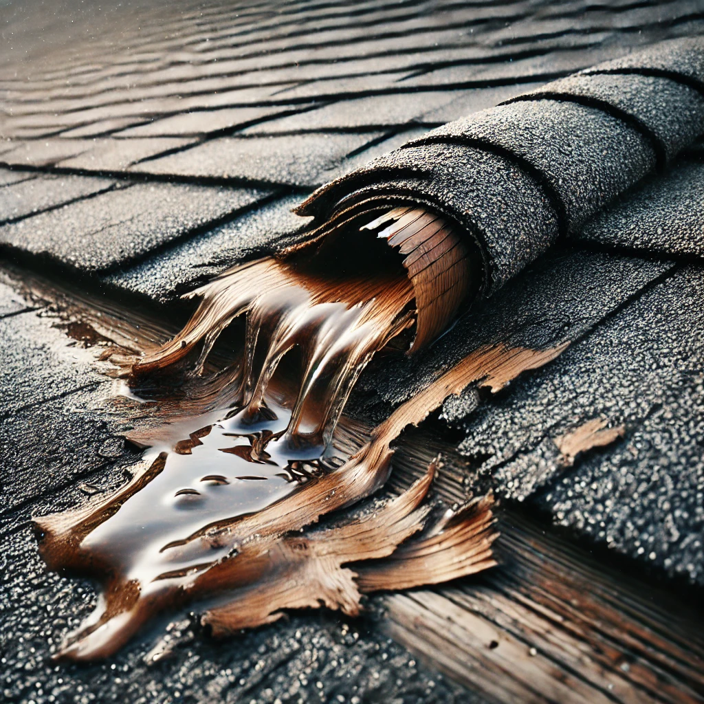 A close-up of a damaged shingle roof with visible missing shingles, water stains, and curling edges, illustrating signs of a roof needing repair. The scene highlights the importance of professional inspection and maintenance.