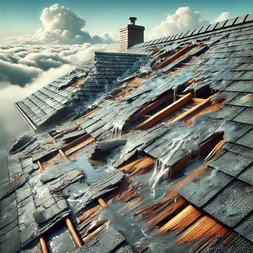 A close-up of a damaged residential roof showing missing shingles and water stains, illustrating signs of roof issues needing professional attention. The scene includes visible mold growth and curling shingles.