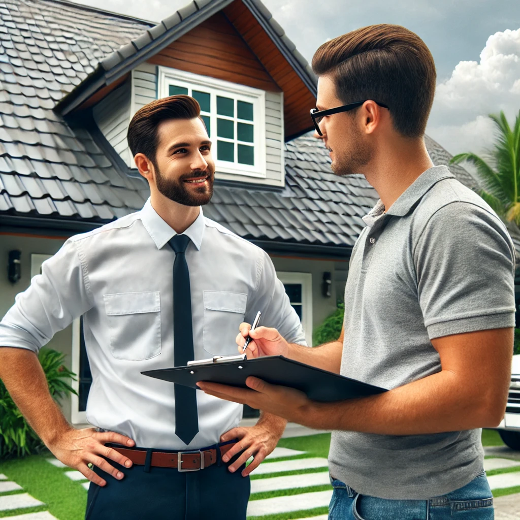 A professional roofer consulting with a homeowner in front of a home with a sleek metal roof, discussing the benefits of metal roofing solutions. The scene conveys trust, expertise, and customer satisfaction.