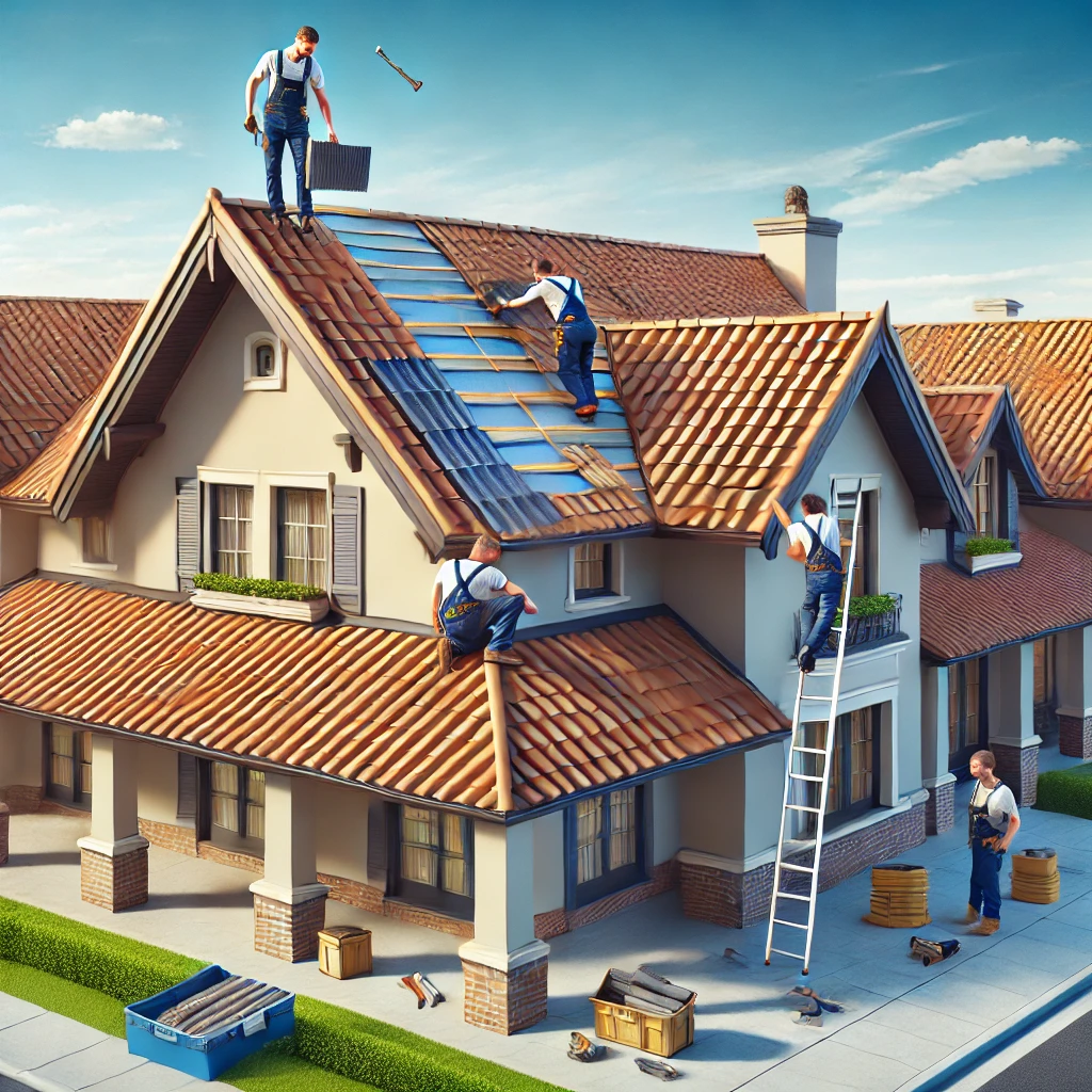 A professional roofing team installing high-quality tile roofing on a suburban home, emphasizing the expertise and attention to detail. The house is set against a clear blue sky, with tools and materials visible on the roof.