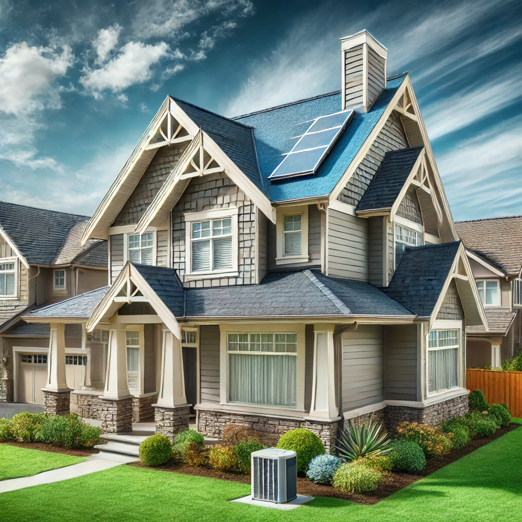 A suburban home with a newly installed shingle roof, showcasing the durability, affordability, and style of shingle roofing. The scene is set under a bright blue sky with a well-maintained lawn, emphasizing curb appeal and protection.